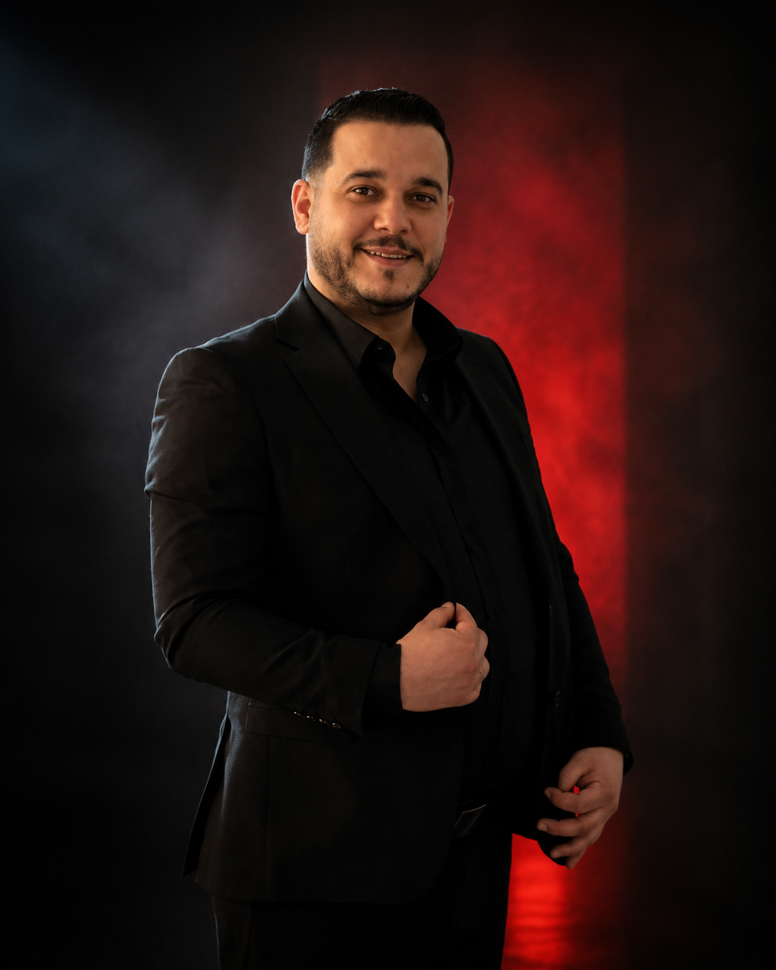 Massi Boussaa en costume noir, portrait studio